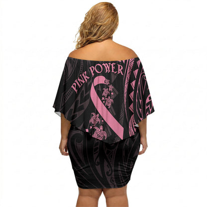 Polynesian Pink Power Off Shoulder Short Dress Breast Cancer Ribbon Turtle and Flowers