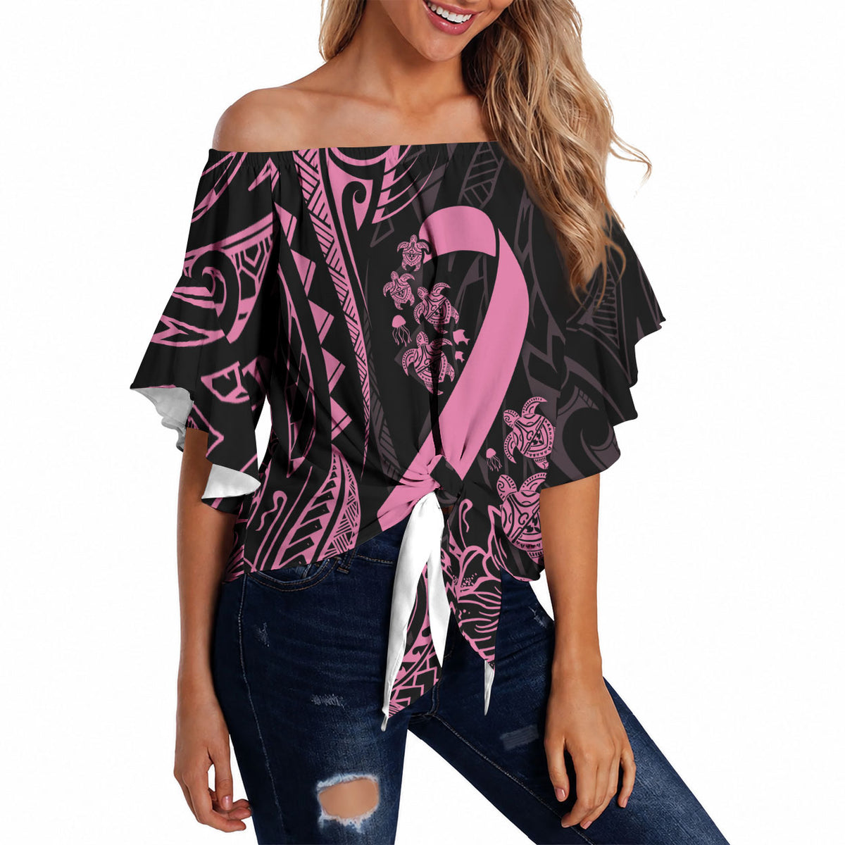 Polynesian Pink Power Off Shoulder Wrap Waist Top Breast Cancer Ribbon Turtle and Flowers