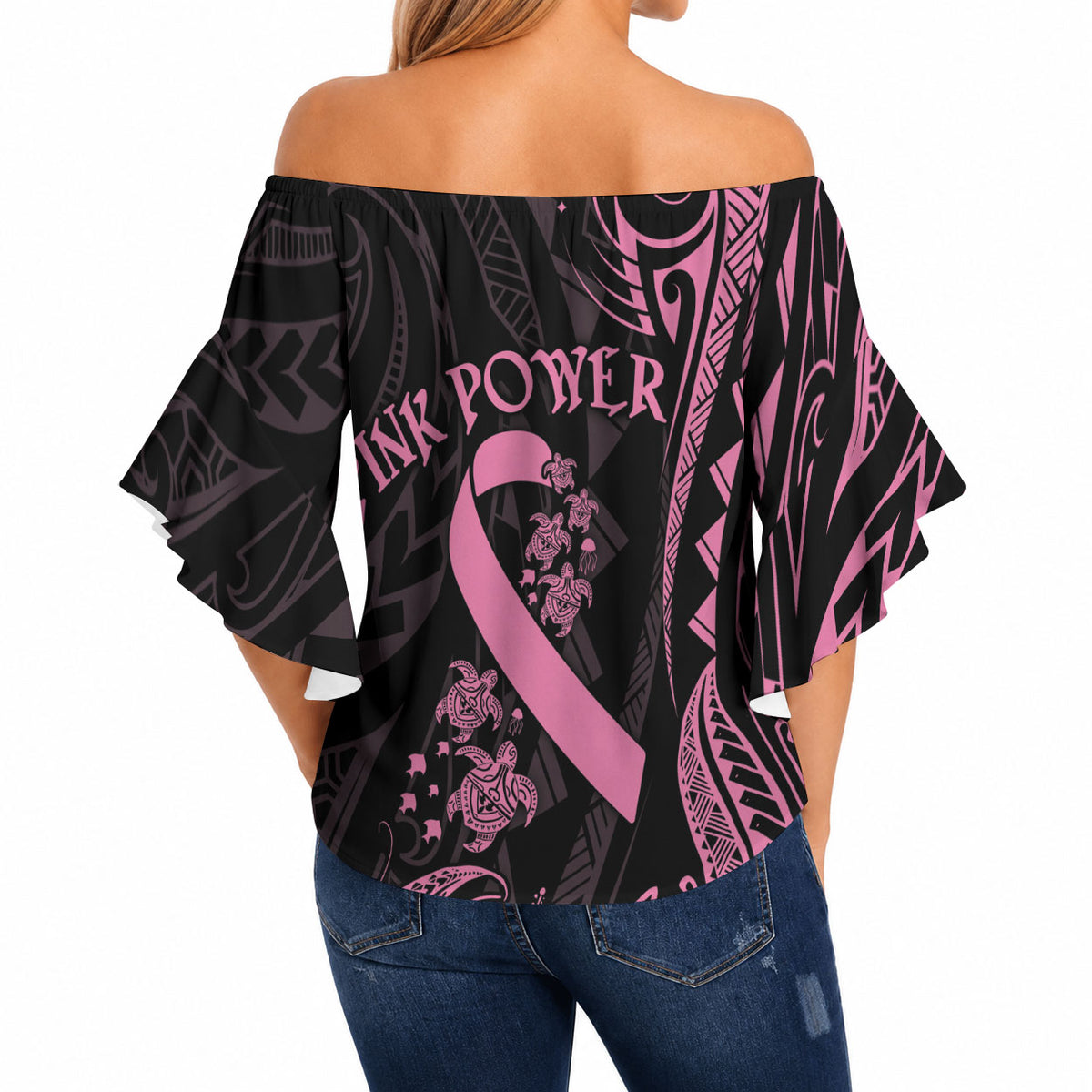 Polynesian Pink Power Off Shoulder Wrap Waist Top Breast Cancer Ribbon Turtle and Flowers