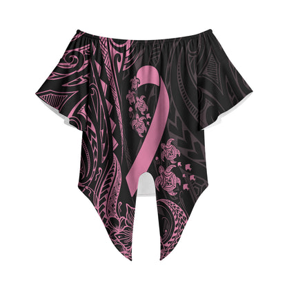 Polynesian Pink Power Off Shoulder Wrap Waist Top Breast Cancer Ribbon Turtle and Flowers