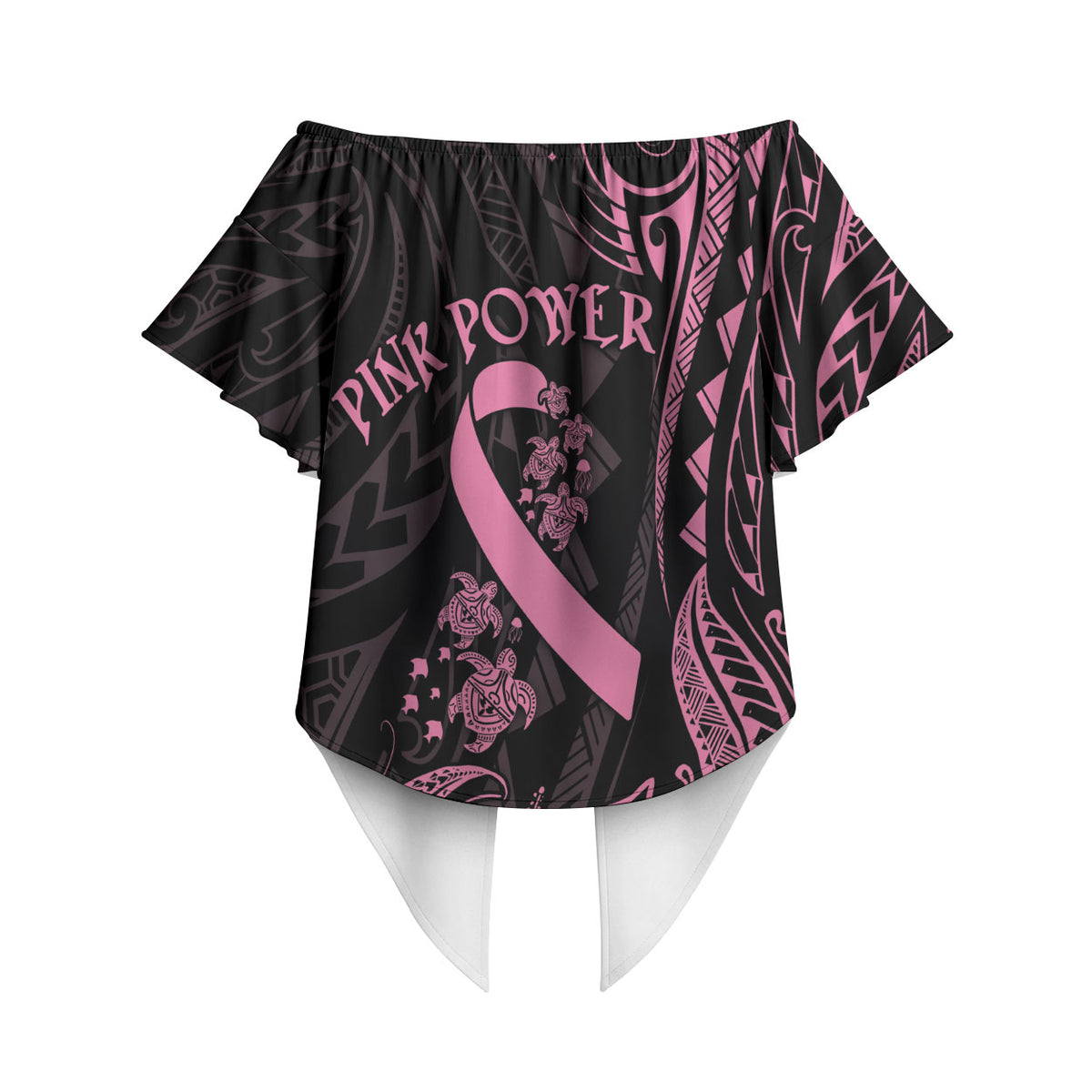 Polynesian Pink Power Off Shoulder Wrap Waist Top Breast Cancer Ribbon Turtle and Flowers