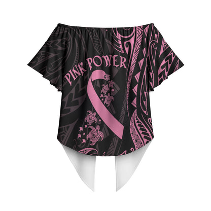 Polynesian Pink Power Off Shoulder Wrap Waist Top Breast Cancer Ribbon Turtle and Flowers