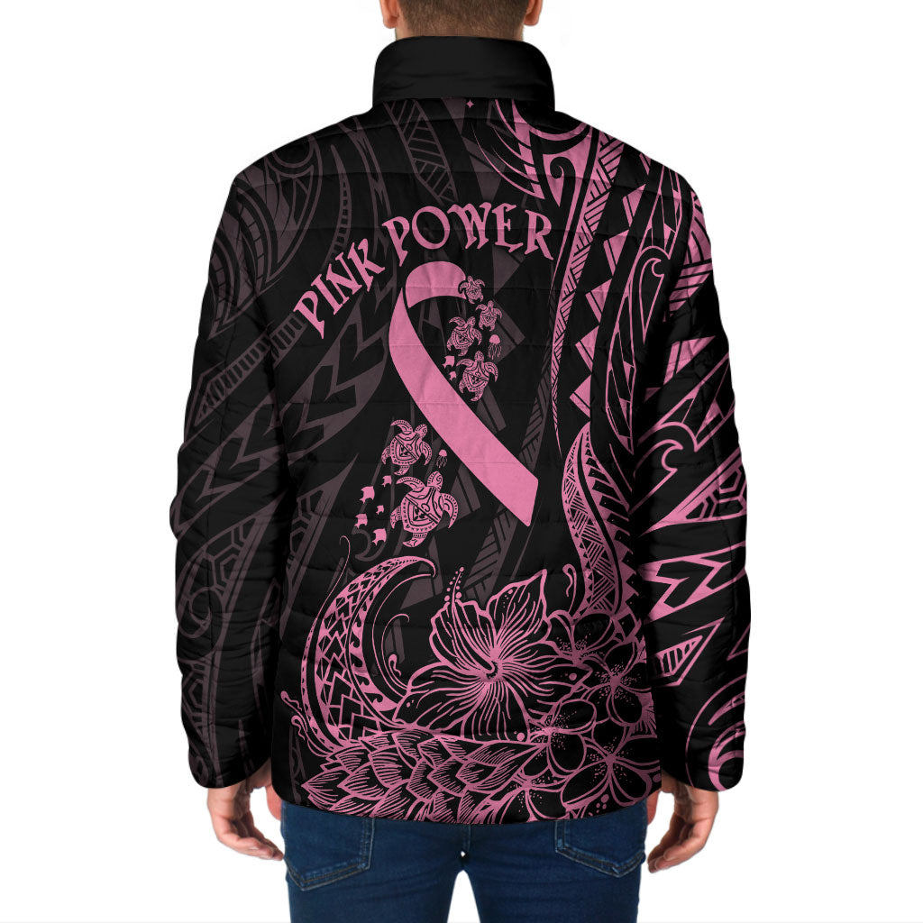 Polynesian Pink Power Padded Jacket Breast Cancer Ribbon Turtle and Flowers