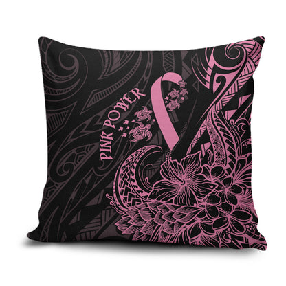 Polynesian Pink Power Pillow Cover Breast Cancer Ribbon Turtle and Flowers