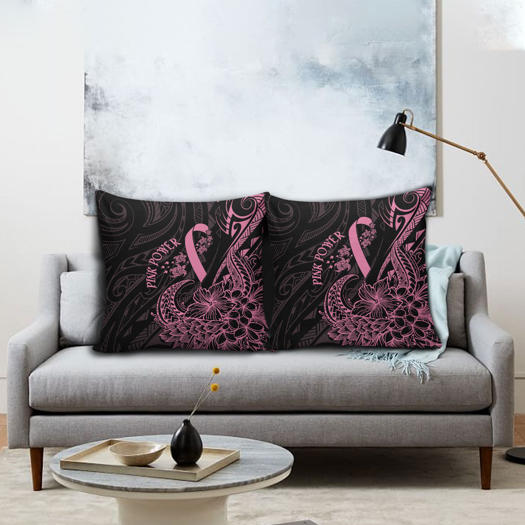 Polynesian Pink Power Pillow Cover Breast Cancer Ribbon Turtle and Flowers