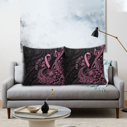 Polynesian Pink Power Pillow Cover Breast Cancer Ribbon Turtle and Flowers