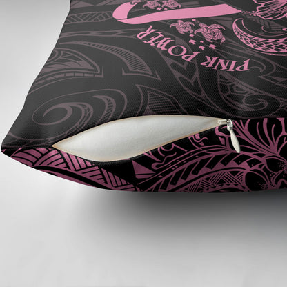 Polynesian Pink Power Pillow Cover Breast Cancer Ribbon Turtle and Flowers