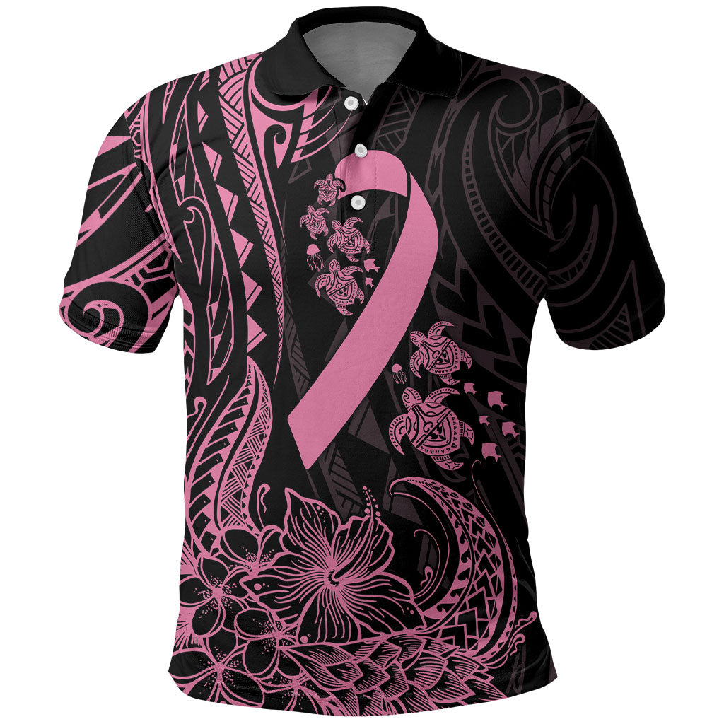 Polynesian Pink Power Polo Shirt Breast Cancer Ribbon Turtle and Flowers