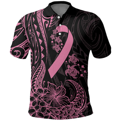 Polynesian Pink Power Polo Shirt Breast Cancer Ribbon Turtle and Flowers