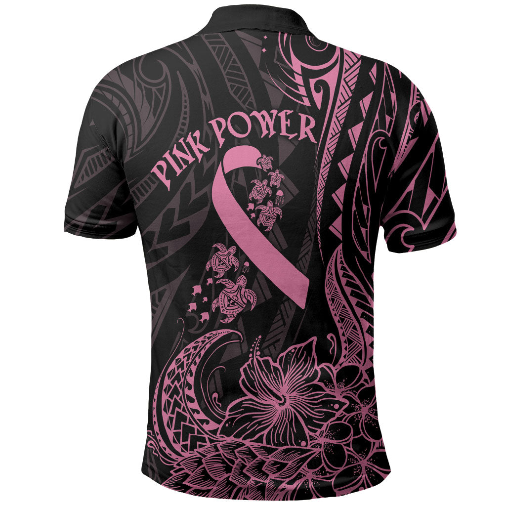 Polynesian Pink Power Polo Shirt Breast Cancer Ribbon Turtle and Flowers