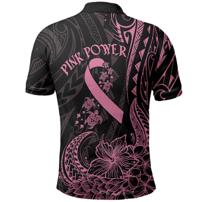 Polynesian Pink Power Polo Shirt Breast Cancer Ribbon Turtle and Flowers