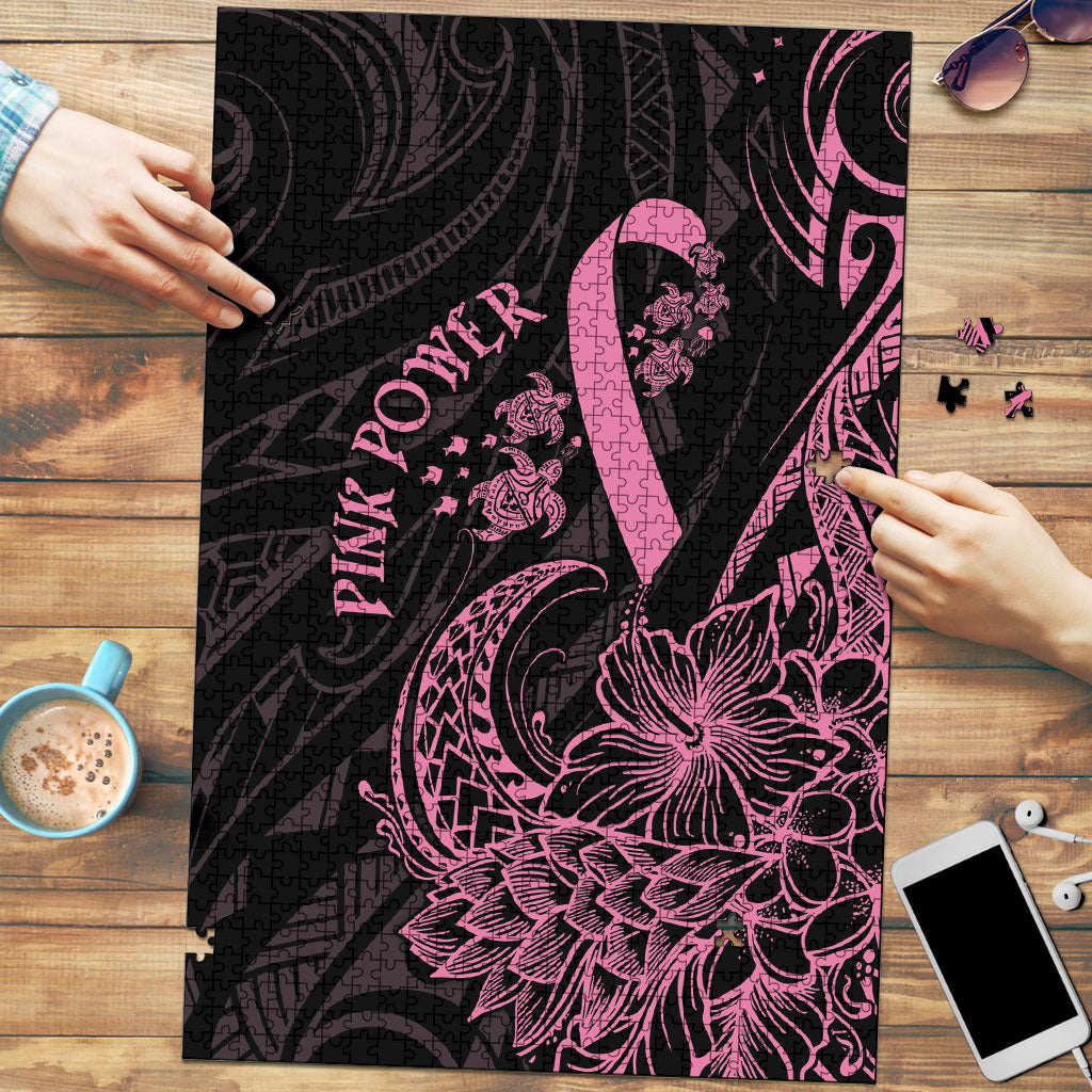 Polynesian Pink Power Puzzle Breast Cancer Ribbon Turtle and Flowers