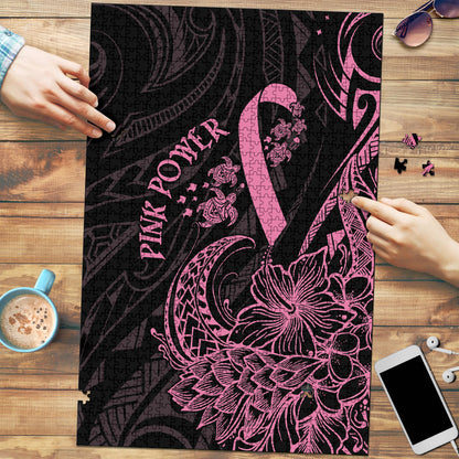 Polynesian Pink Power Puzzle Breast Cancer Ribbon Turtle and Flowers