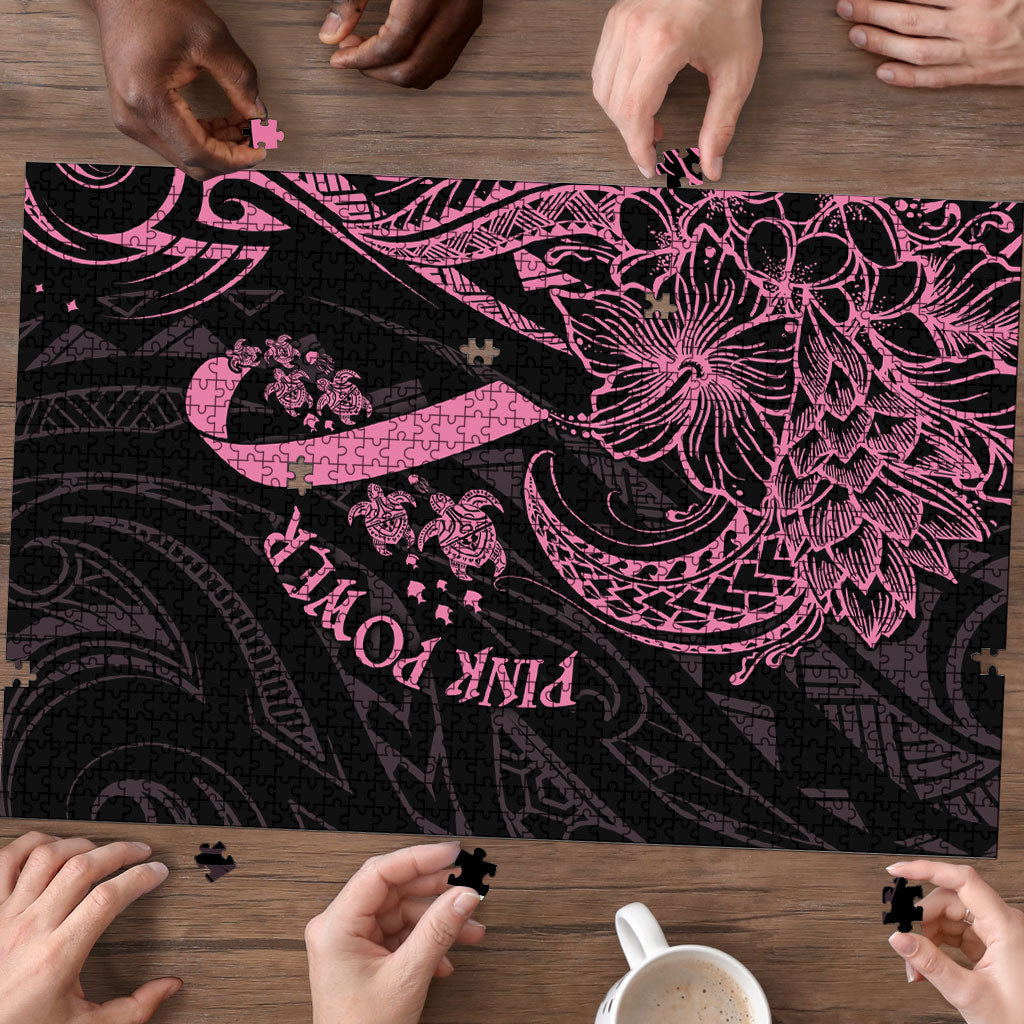 Polynesian Pink Power Puzzle Breast Cancer Ribbon Turtle and Flowers