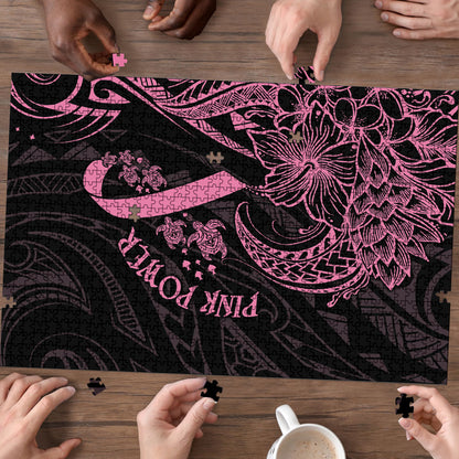Polynesian Pink Power Puzzle Breast Cancer Ribbon Turtle and Flowers