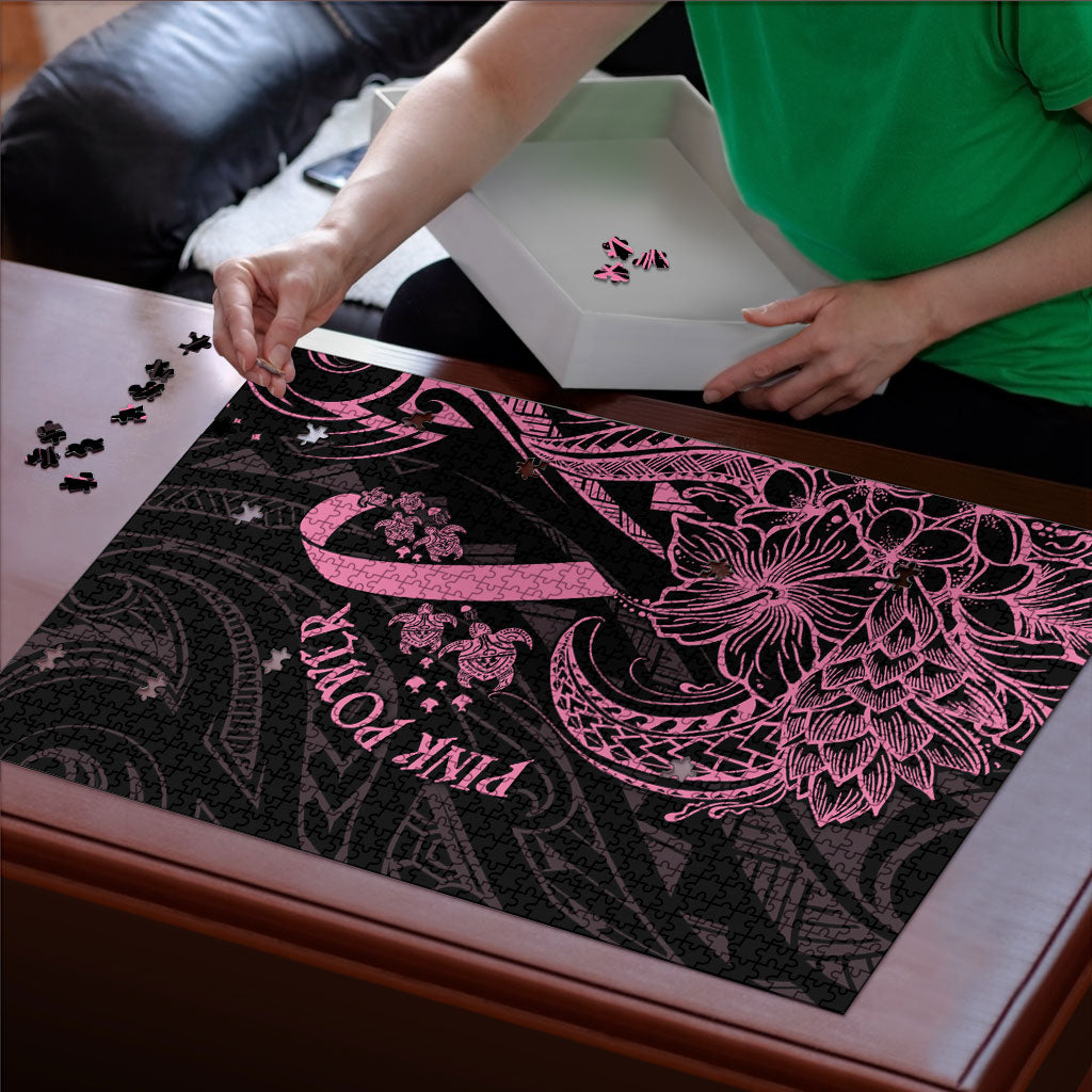 Polynesian Pink Power Puzzle Breast Cancer Ribbon Turtle and Flowers