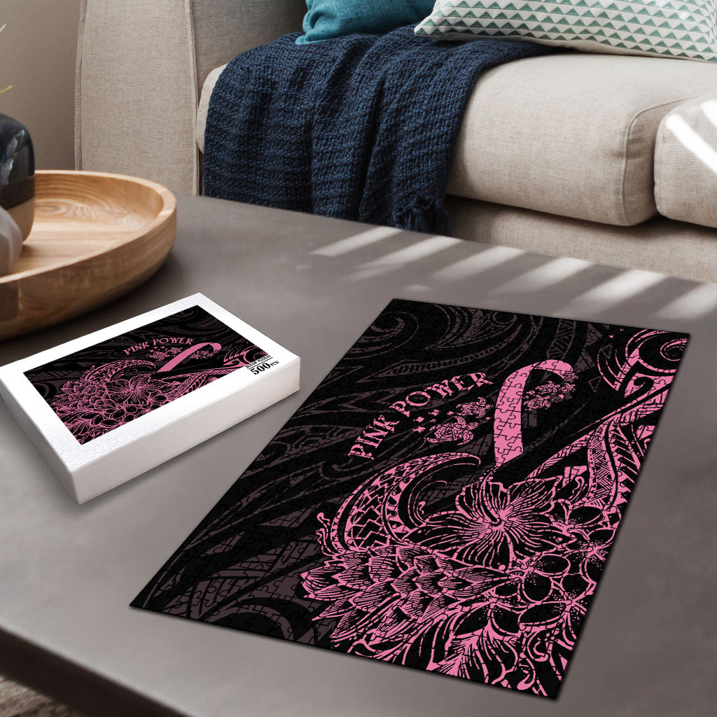 Polynesian Pink Power Puzzle Breast Cancer Ribbon Turtle and Flowers