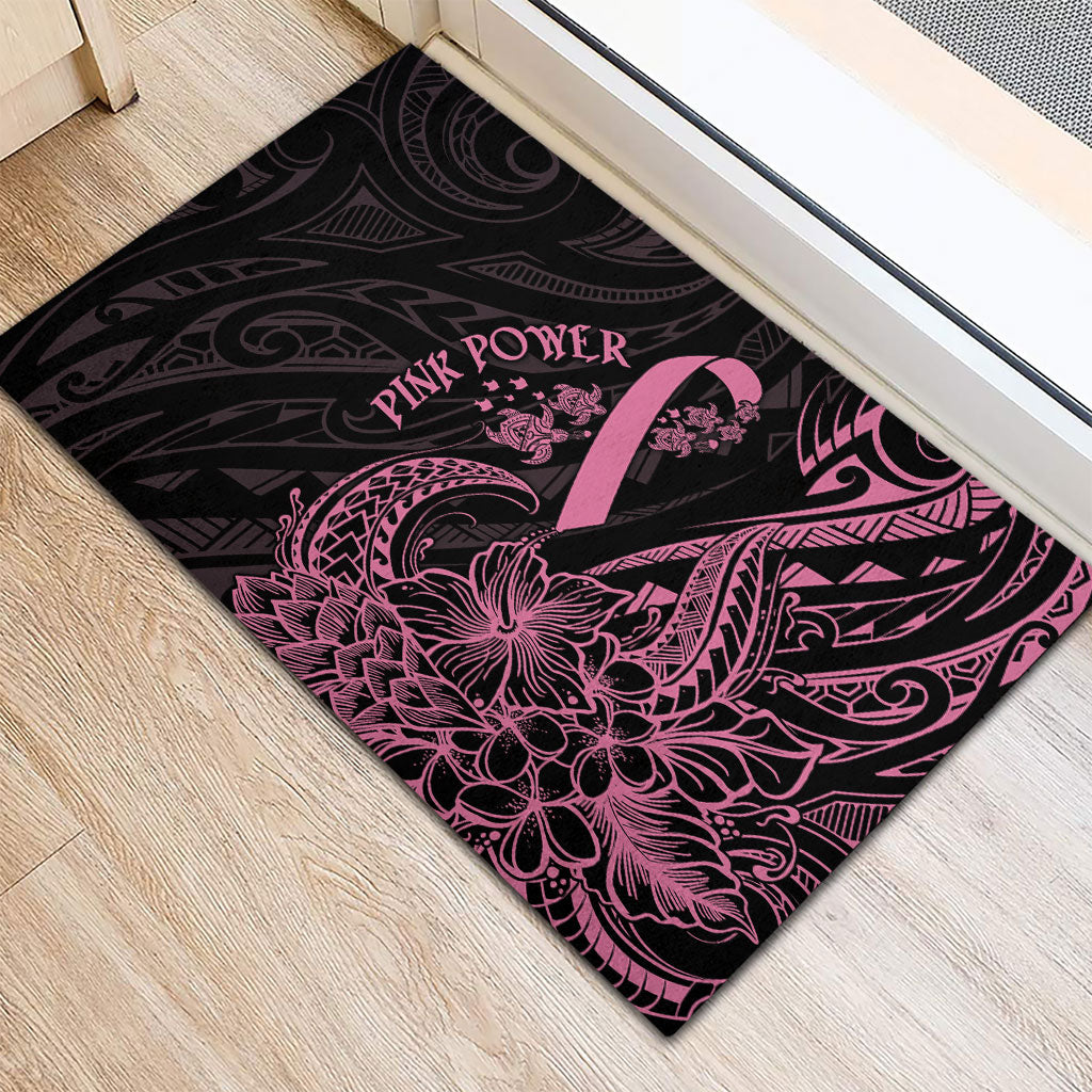 Polynesian Pink Power Rubber Doormat Breast Cancer Ribbon Turtle and Flowers