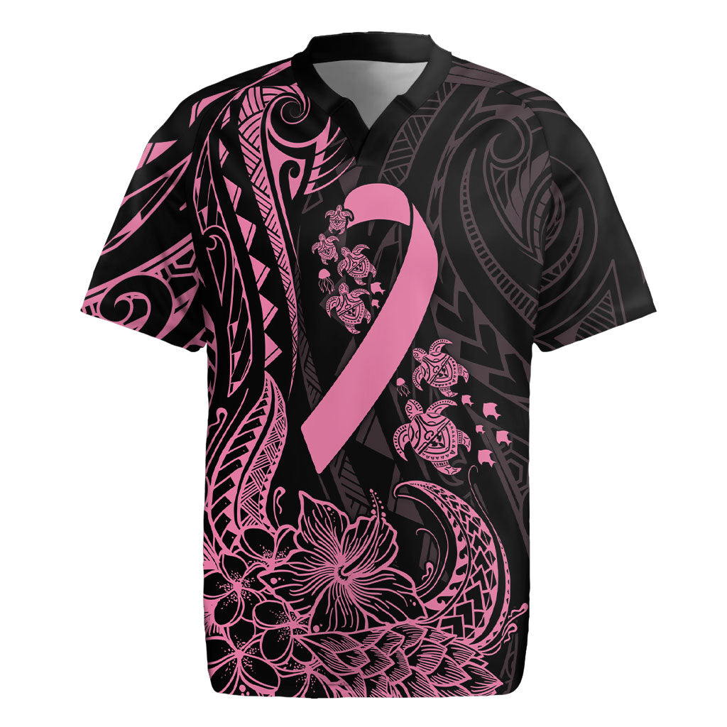 Polynesian Pink Power Rugby Jersey Breast Cancer Ribbon Turtle and Flowers