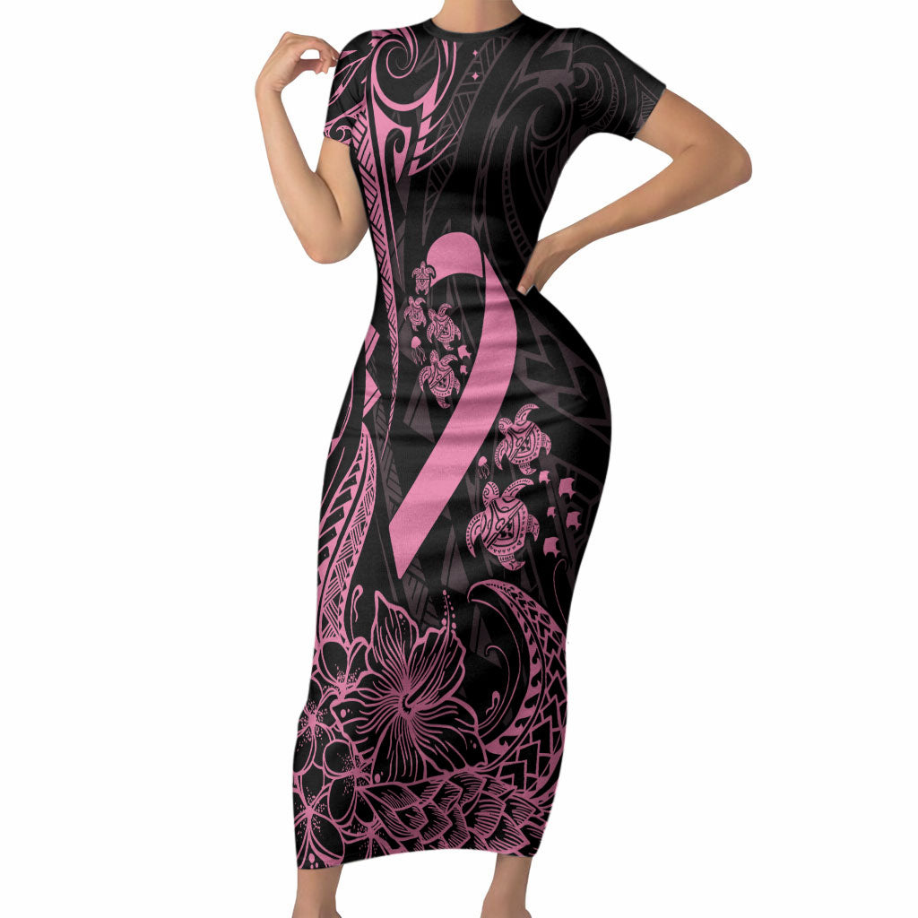 Polynesian Pink Power Short Sleeve Bodycon Dress Breast Cancer Ribbon Turtle and Flowers