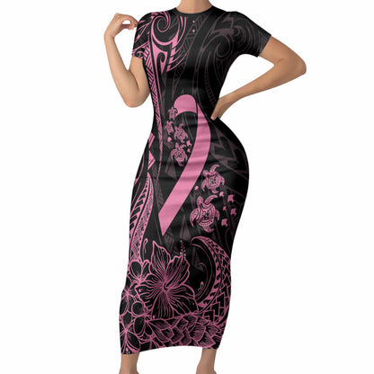 Polynesian Pink Power Short Sleeve Bodycon Dress Breast Cancer Ribbon Turtle and Flowers