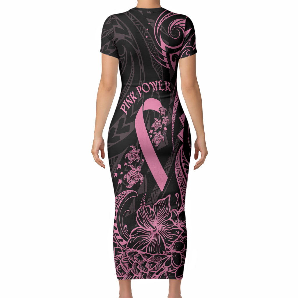 Polynesian Pink Power Short Sleeve Bodycon Dress Breast Cancer Ribbon Turtle and Flowers