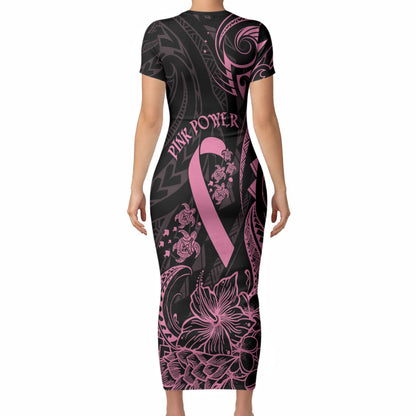 Polynesian Pink Power Short Sleeve Bodycon Dress Breast Cancer Ribbon Turtle and Flowers