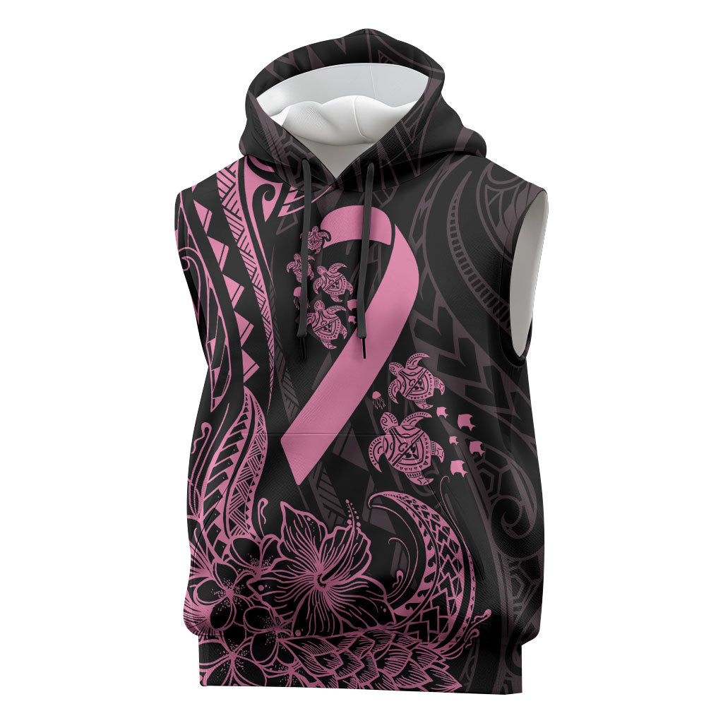 Polynesian Pink Power Sleeveless Hoodie Breast Cancer Ribbon Turtle and Flowers