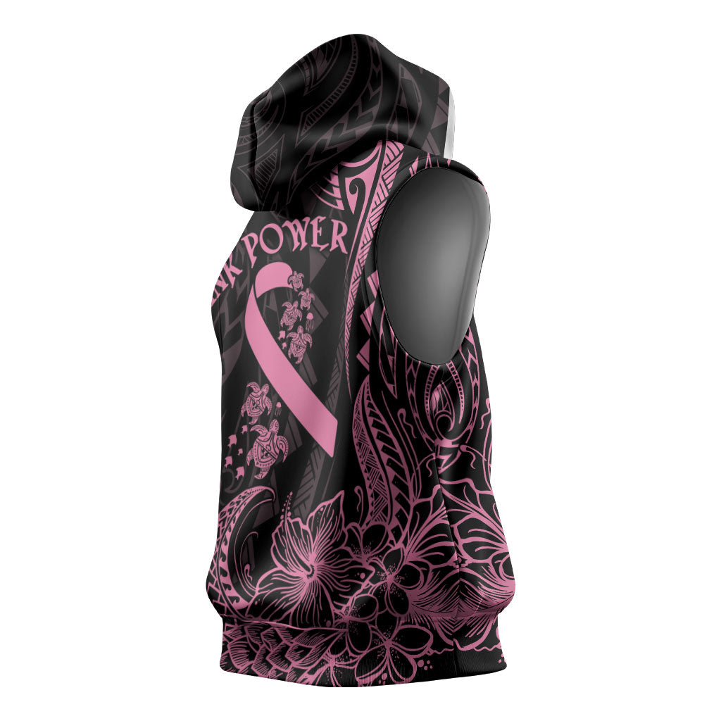 Polynesian Pink Power Sleeveless Hoodie Breast Cancer Ribbon Turtle and Flowers