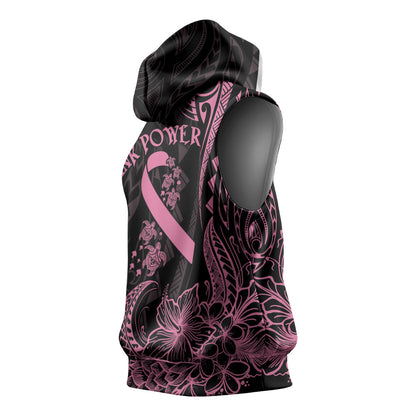 Polynesian Pink Power Sleeveless Hoodie Breast Cancer Ribbon Turtle and Flowers