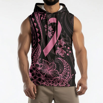 Polynesian Pink Power Sleeveless Hoodie Breast Cancer Ribbon Turtle and Flowers