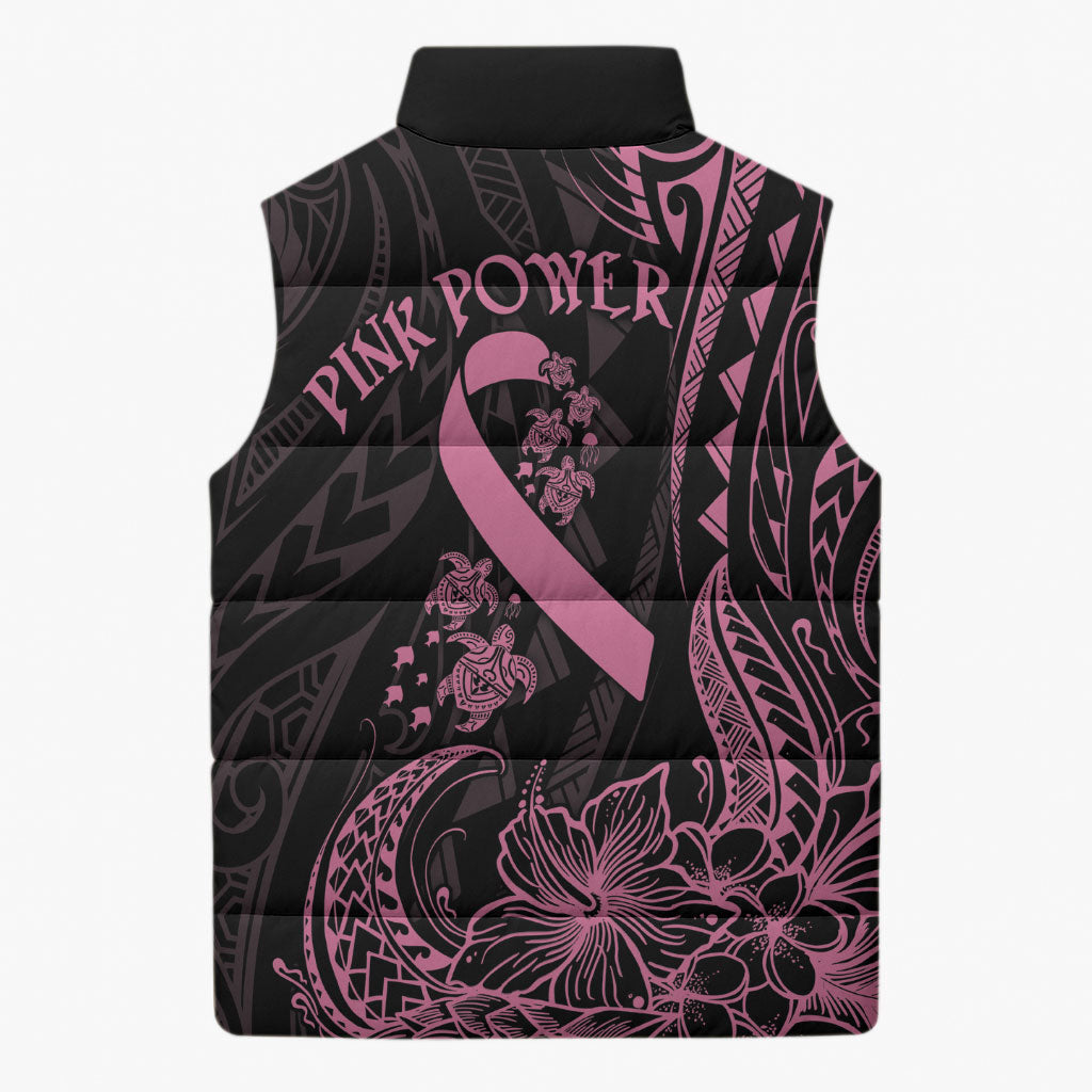Polynesian Pink Power Sleeveless Puffer Jacket Breast Cancer Ribbon Turtle and Flowers