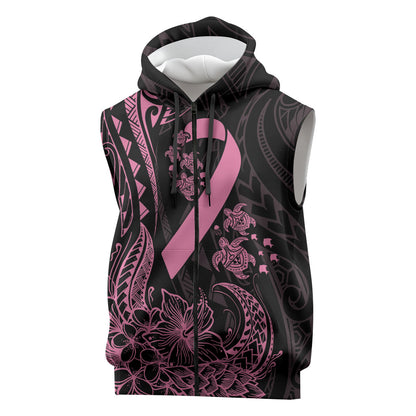 Polynesian Pink Power Sleeveless Zip Hoodie Breast Cancer Ribbon Turtle and Flowers