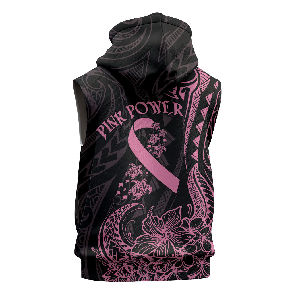 Polynesian Pink Power Sleeveless Zip Hoodie Breast Cancer Ribbon Turtle and Flowers