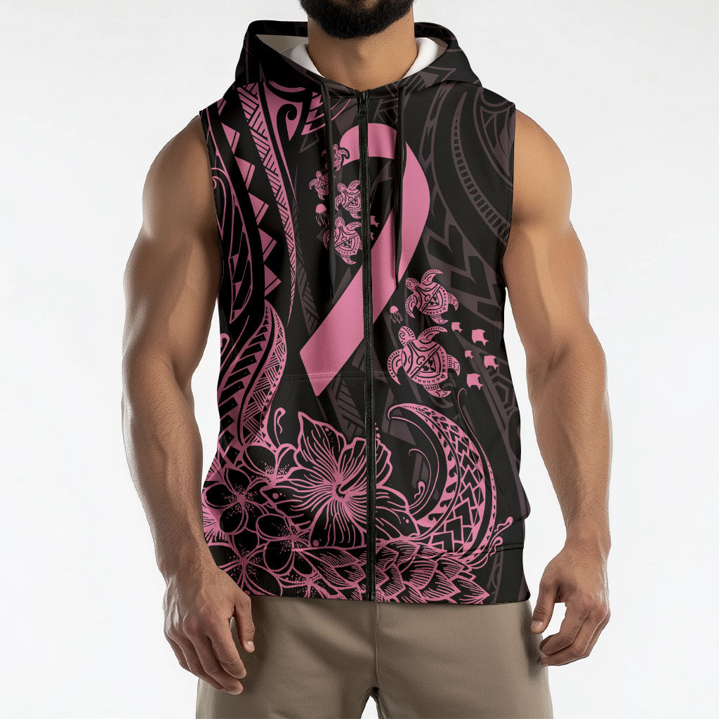 Polynesian Pink Power Sleeveless Zip Hoodie Breast Cancer Ribbon Turtle and Flowers