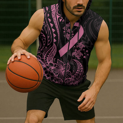 Polynesian Pink Power Sleeveless Zip Hoodie Breast Cancer Ribbon Turtle and Flowers