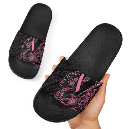 Polynesian Pink Power Slide Sandals Breast Cancer Ribbon Turtle and Flowers