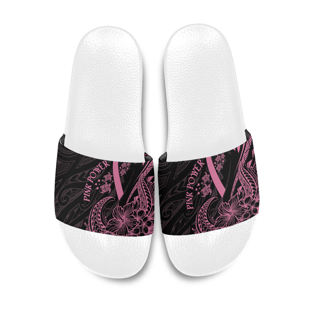 Polynesian Pink Power Slide Sandals Breast Cancer Ribbon Turtle and Flowers