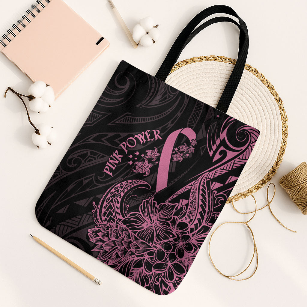 Polynesian Pink Power Tote Bag Breast Cancer Ribbon Turtle and Flowers