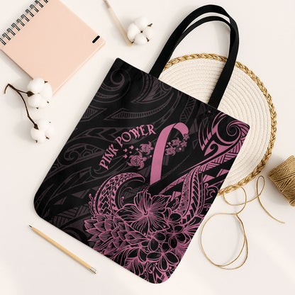 Polynesian Pink Power Tote Bag Breast Cancer Ribbon Turtle and Flowers