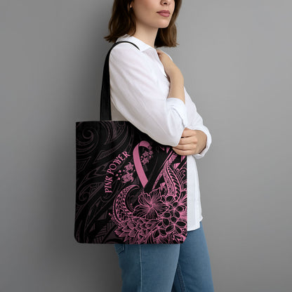 Polynesian Pink Power Tote Bag Breast Cancer Ribbon Turtle and Flowers