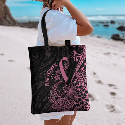 Polynesian Pink Power Tote Bag Breast Cancer Ribbon Turtle and Flowers