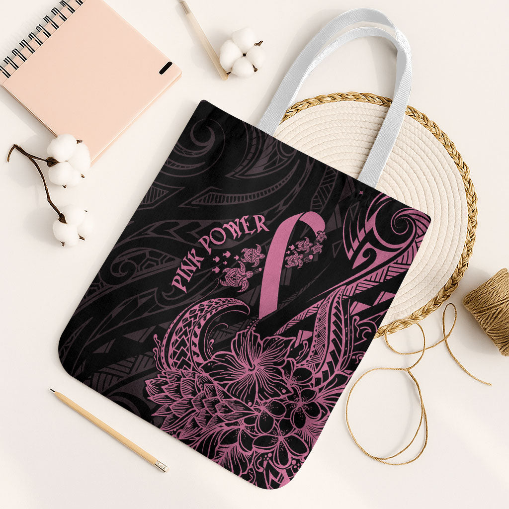 Polynesian Pink Power Tote Bag Breast Cancer Ribbon Turtle and Flowers