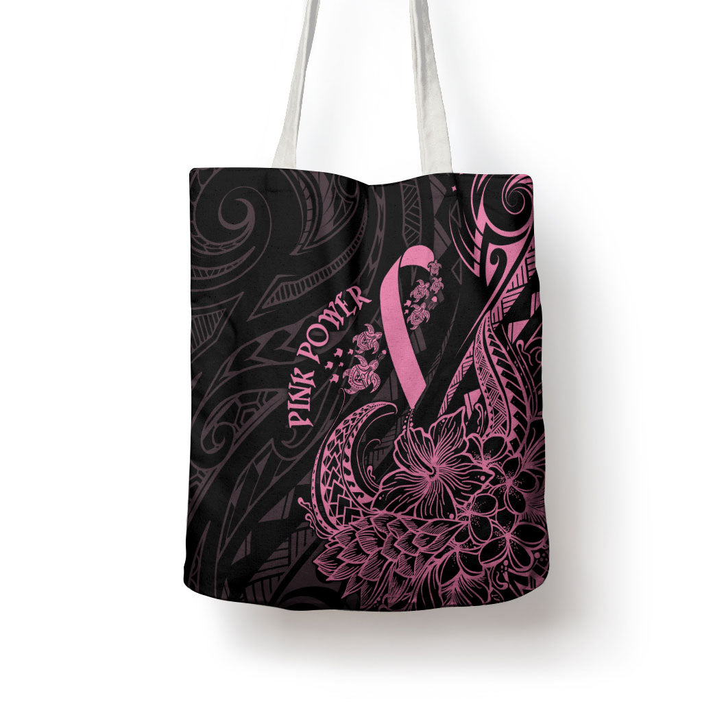 Polynesian Pink Power Tote Bag Breast Cancer Ribbon Turtle and Flowers