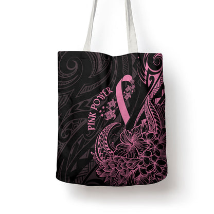 Polynesian Pink Power Tote Bag Breast Cancer Ribbon Turtle and Flowers