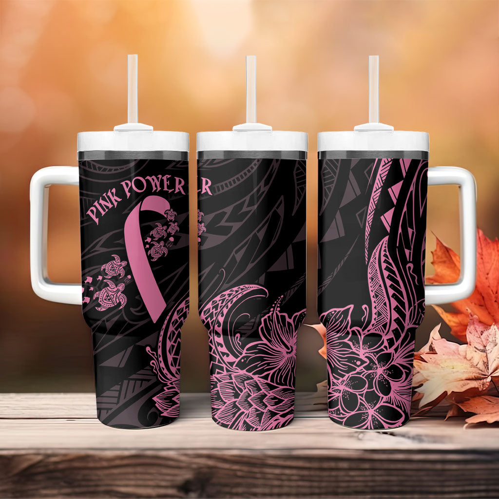 Polynesian Pink Power Tumbler With Handle Breast Cancer Ribbon Turtle and Flowers