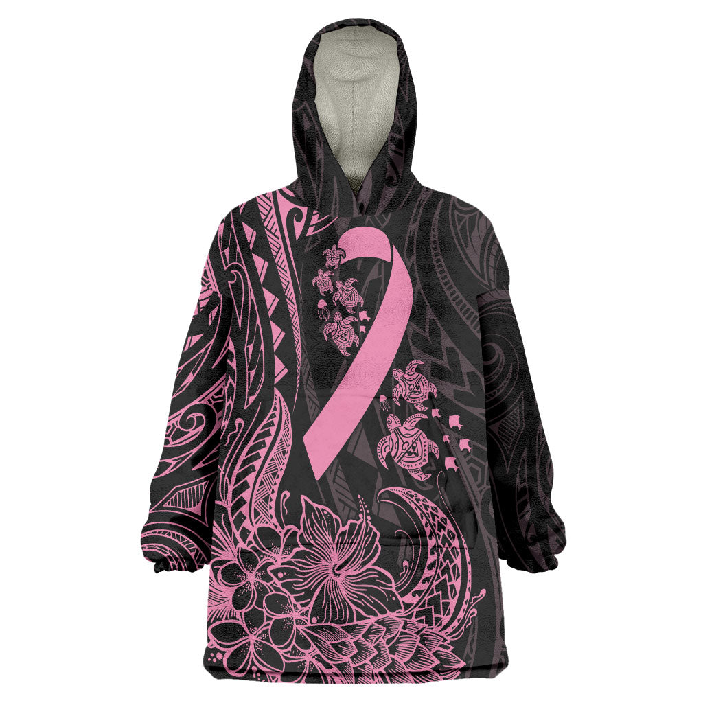Polynesian Pink Power Wearable Blanket Hoodie Breast Cancer Ribbon Turtle and Flowers