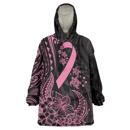 Polynesian Pink Power Wearable Blanket Hoodie Breast Cancer Ribbon Turtle and Flowers