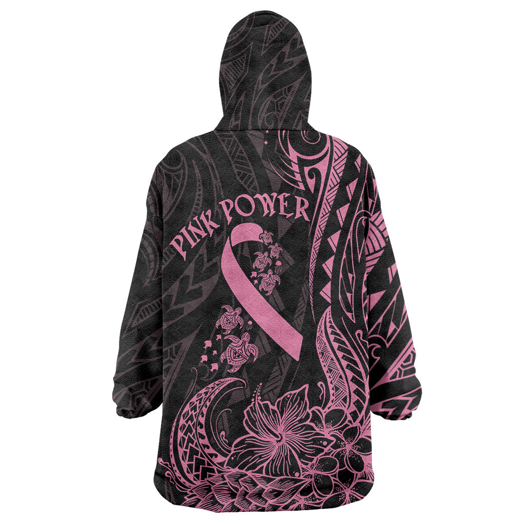 Polynesian Pink Power Wearable Blanket Hoodie Breast Cancer Ribbon Turtle and Flowers