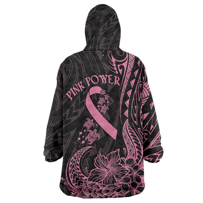 Polynesian Pink Power Wearable Blanket Hoodie Breast Cancer Ribbon Turtle and Flowers